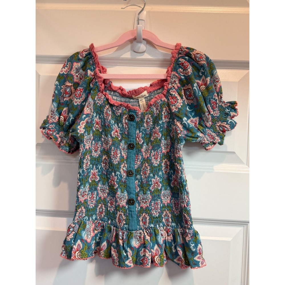 Matilda Jane Girls Floral Smocked Puff Sleeve Peplum Top Blue Pink Size 14